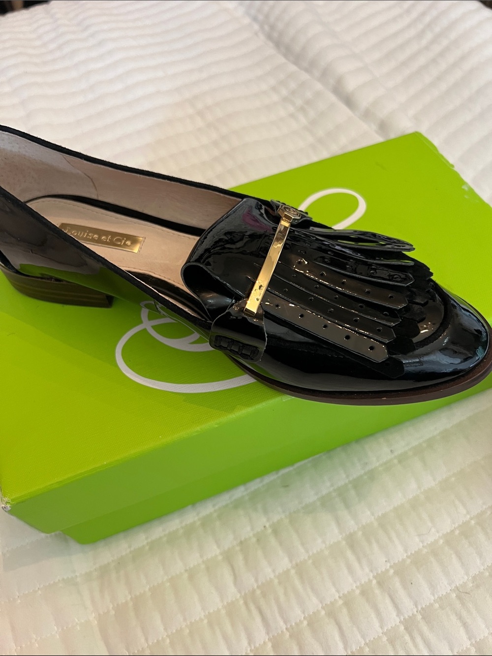 Louise et Cie Black Patent Kiltie Loafer with Gold Bar